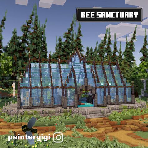 Minecraft bee sanctuary Minecraft Bee Sanctuary, Minecraft House Layout, Bee Sanctuary, Minecraft Greenhouse, Minecraft Bee, Minecraft Building Blueprints, Minecraft Garden, Victorian Greenhouse, Minecraft Mansion