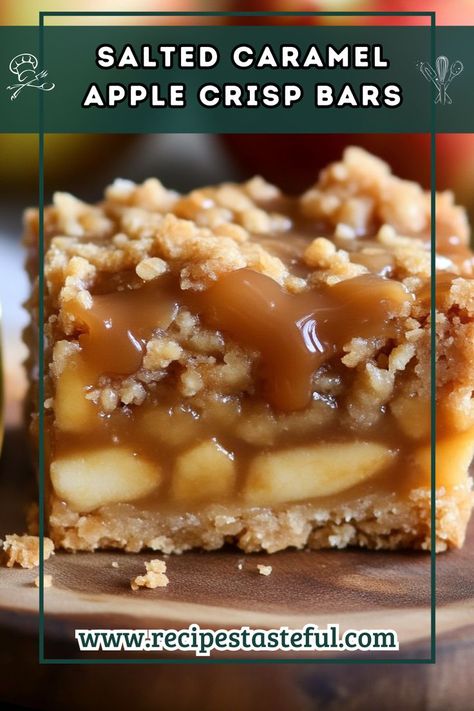 Perfect for fall! These bars have a buttery shortbread crust, juicy apple filling, and an irresistible oatmeal crumb topping with a drizzle of salted caramel. Oatmeal Crumb Topping, Apple Crisp Bars, Apple Bar Recipes, Apple Crumb Bars, Apple Crisp Bars Recipe, Caramel Apple Bars, Caramel Apple Crisp, Caramel Apples Easy, Apple Bars