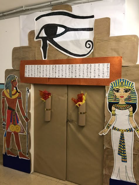 Egyptian Door For Classroom, Egypt Bulletin Board Ideas, Ancient Egypt Party Decorations, Egypt Decorations Classroom, Egypt Vbs Decorations, Ancient Egypt Display, Egypt Display, Ancient History Projects, Egypt Decorations