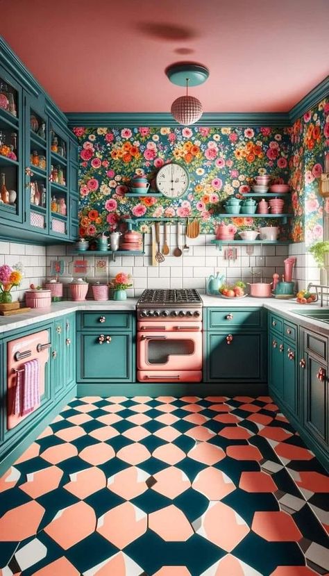 Pop Color Kitchen, Colorful French Kitchen, Retro Themed Kitchen, Fun Kitchen Colors For Walls, Vintage Colorful Kitchen, Cute Kitchen Wallpaper, Vintage Colorful Decor, Colorful Retro Decor, Retro Apartment Kitchen