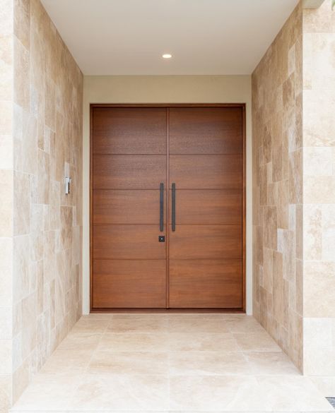 Make an entrance everyone will remember! The right stone can add an unforgettable touch to your home's entryway. Talk about first impressions! 😍⁠ ⁠ Feature stone - Mocha Unfilled & Tumbled Travertine ⁠ ⁠ Coastal House Exterior, Modern Wood Doors, Entrance Hall Furniture, Travertine Floor, Travertine Tiles, Travertine Pavers, Front Facade, Crazy Paving, Coastal House Plans