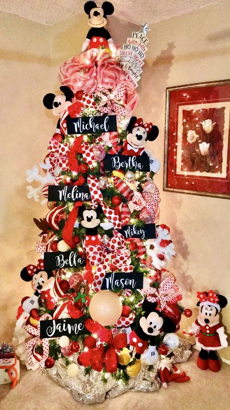 Personalized and fun Mickey and Minnie Christmas Tree. Mickey Themed Christmas Tree, Mickey And Minnie Mouse Christmas Tree, Mickey And Minnie Christmas Tree Ideas, Mickey Mouse Christmas Tree Decoration, Mickey Mouse Xmas Tree, Mickey Mouse Themed Christmas Tree, Mickey Christmas Tree Ideas, Minnie Mouse Tree Christmas, Mickey Mouse Theme Christmas Tree