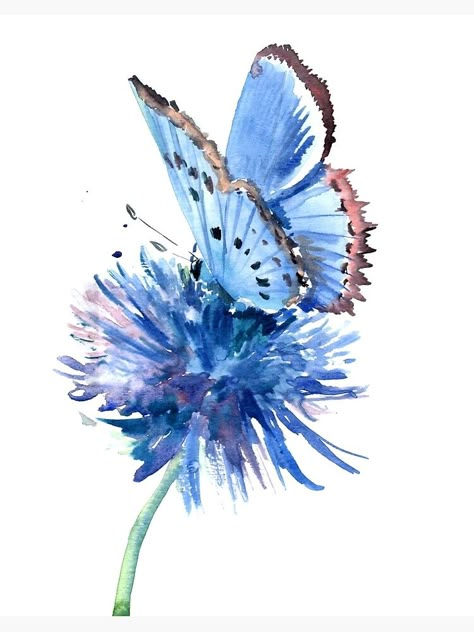 "Blue Butterfly and Blue Flower" Art Board Print by surenart | Redbubble Nature Paintings Acrylic, Blue Flower Art, Blue Flower Painting, Butterfly Art Painting, Pola Sulam, Cat Air, Butterfly Drawing, 수채화 그림, Butterfly Painting