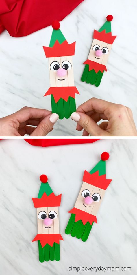 Kids Christmas Crafts Ornaments, Elf Craft, Popsicle Stick Craft, Christmas Activity For Kids, Popsicle Stick Christmas Crafts, Elf Crafts, Fun Christmas Activities, Preschool Christmas Crafts, Kids Christmas Ornaments