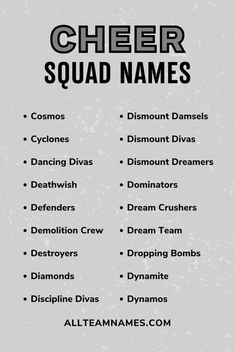 cheer squad names list Cheer Team Names Ideas, Dance Team Names Ideas, Team Names Ideas For Work, Cool Squad Names, Volleyball Team Names Ideas, Squad Names Ideas, Fun Team Names, Squad Name, Cheerleading Signs