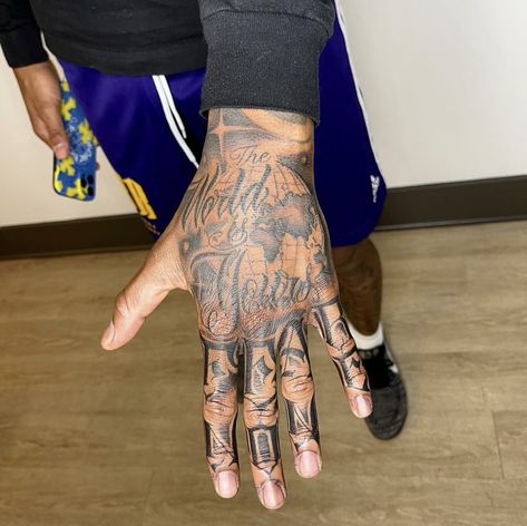 Men’s Hands Tattoos, Ape Hand Tattoo, Trap Hand Tattoos, Mob Tattoo For Men, Rare Tattoos Men Hand, Risk Taker Neck Tattoo, Hard Hand Tattoos Men, Cold World Tattoo, Hand Tattoos Black Man