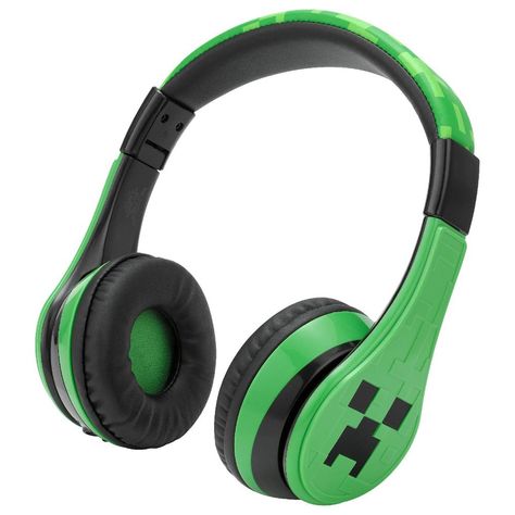 Minecraft headphones look great on any little gamer! Connect to any bluetooth device to wirelessly stream audio, and enjoy up to 37 hours of continuous playtime between charges (USB charging cable included). Whether your little one likes gaming, listening to music, watching movies, or browsing YouTube, you can rest assured that the kid-safe volume level will protect their ears. Any fan of Minecraft toys will love the cool graphics and design! | KIDdesigns Minecraft Bluetooth Headphones in Green Cool Headphones Design, Chunky Headphones, Cool Devices, Minecraft Jewelry, Minecraft Toys, Gaming Microphone, Cool Graphics, Headphone Accessories, Headphones With Microphone