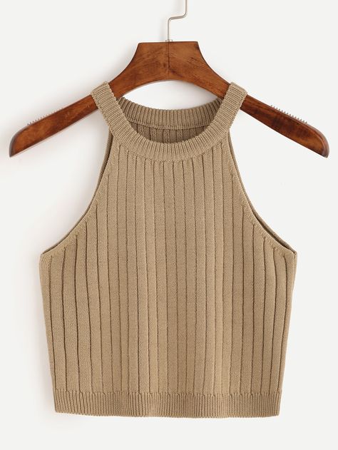 Shop Light Brown Knitted Top online. SheIn offers Light Brown Knitted Top & more to fit your fashionable needs. Sweater Crop, Crop Top Outfits, Cute Crop Tops, Cropped Tops, Stretch Top, Gray Tank, Crop Top Sweater, Knitted Top, Sleeveless Sweater