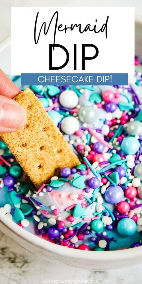 A sweet and delicious cheesecake marshmallow dip with festive colors! This Mermaid Dip is the perfect dessert dip to dunk vanilla wafers, butter cookies, shortbread cookies and so much more in. The fun Mermaid themed colors make it the perfect addition to birthday parties and so much more! Mermaid Cookies 3rd Birthday, Mermaid Dirt Cups, Mermaid Pool Party Snacks, Mermaid Theme Birthday Snacks, Four Mermaid Party, Mermaid Birthday Snack Ideas, Mermaid Themed Sleepover, Color Theme Birthday Party Ideas, Mermaid Theme Snack Ideas