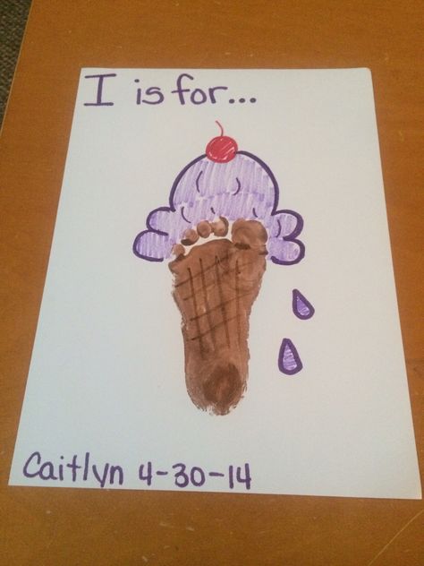 "I" is for...ICE CREAM!!!! Cute for the spring or summer...put it in a frame for wall art!! I Is For Ice Cream, I Is For Ice, Ice Cream Cute, Abc Crafts, Baby Art Projects, Footprint Crafts, Toddler Arts And Crafts, Alphabet Crafts, Daycare Activities