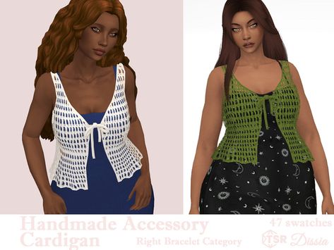 Sleeveless tied at front crochet accessory vest Found in TSR Category 'Sims 4 Elder Female' Sims 4 Cardigan Accessory, Sims 4 Cc Cardigan, Sims 4 Cardigan, Sim4 Cc, Sims 4 Sims, Hoodie Jumpsuit, Crochet Accessory, Cc Sims4, Silk Bralette