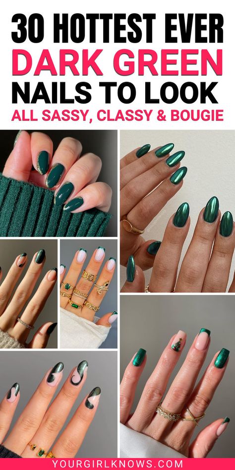 Might I tell you, dark green nails are the “it girl” color you need this fall and winter season? Seriously! They’re not just a color; they’re a vibe. So, here are some of the hottest dark green nail designs that will have you falling head over heels! Dark Sparkly Green Nails, Dark Green Short Gel Nails, Dark Green Nails With Gold Tips, Square Green Christmas Nails, Green Nye Nails, Dark Green And Gold Nails Short, Holiday Nails Dark Green, Winter Nail Ideas Green, Wicked Nail Ideas