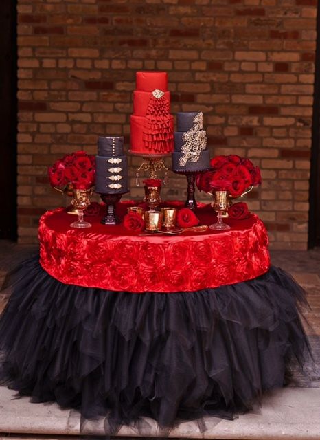 Can not go wrong with a custom cake table! Using our tutu table skirt with our rose satin topper! Wedding Cake Table Decorations, Black Wedding Cakes, Cake Table Decorations, Wedding Cake Table, Table Skirt, 3d Rose, Red Table, Gothic Wedding, Cake Table