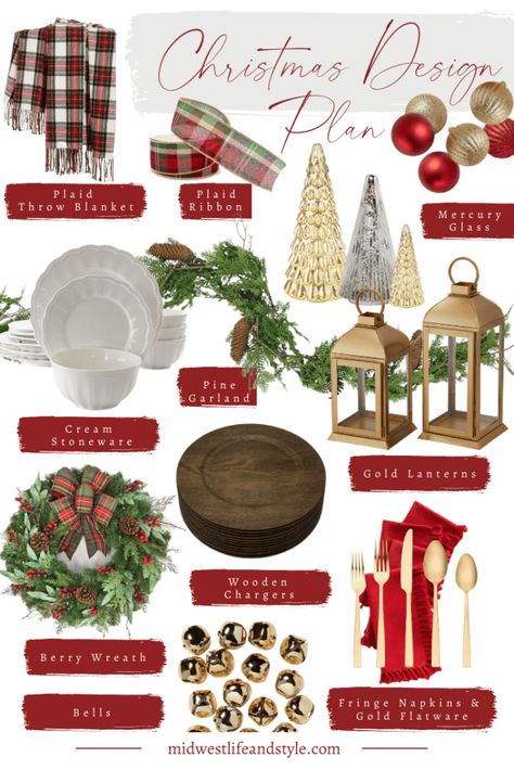 Get inspiration for your home and the holidays with my 2020 Christmas design plan, including red, gold, and tartan plaid. Gold Red Christmas Decorations, Red And Gold Christmas Theme, Red Tartan Christmas Decor, Christmas Decor Gold And Red, Christmas Tartan Decor, Christmas Traditional Decor, Tradional Christmas Decor, Red Plaid Christmas Decorations, Red And Gold Christmas Decorations