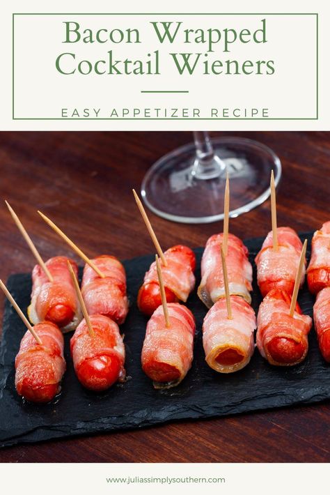 Bacon Lit'l Smokies Bites are an easy cocktail wiener appetizer that your guests will love. Easy to prepare and always delicious. These bacon wrapped bites are always a hit! Make extra because they'll get gobbled up quick. #lilsmokies #baconwrappedcocktailweenies #cocktailwieners #appetizers #easyrecipe #southernfood #southernrecipes #juliassimplysouthern #partyfoods #entertaining Bacon Wrapped Appetizers, Bacon Wrapped Smokies, Cream Cheese Sausage Balls, Bacon Wrapped Jalapeno Poppers, Poppers Recipe, Small Appetizers, Bacon Appetizers, Easy Bacon, Easy Cocktail