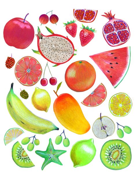 Hand drawn in coloured pencil -Fruit salad :- apples, strawberries, pomegranate, banana, star fruit, mango, lemon, grapes, kiwi fruit, orange, cherries, apples, dragonfruit, berries Kiwi Drawing, Fruit Drawings, Vegetables Drawing, Lemon Drawing, Fruit Doodle, Vegetable Drawing, Fruit Mango, Kids Bathroom Art, Star Fruit