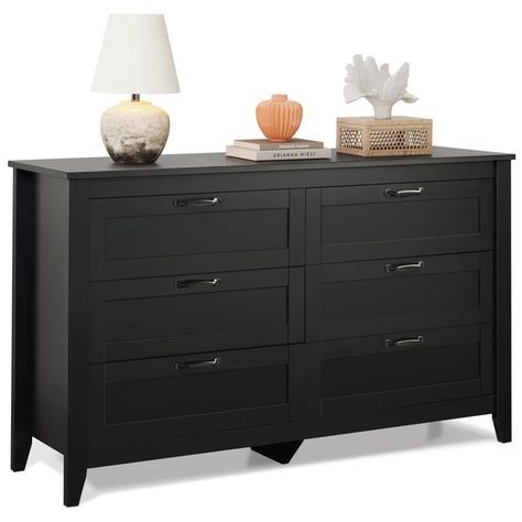 Lark Manor Serefina 6 Drawer 54" Wide Wood Black Double Dresser & Reviews | Wayfair Closets Bedrooms, Large Storage Cabinets, Clothes Toys, Black Dressers, Living Room Large, Drawers Bedroom, Dresser For Bedroom, Future Apartment, Wood Dresser