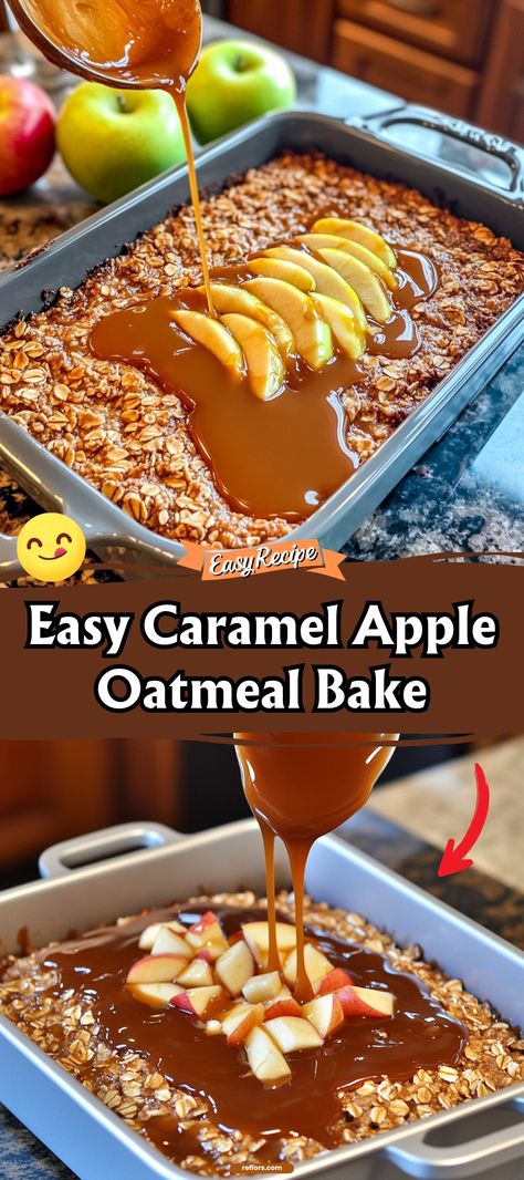 Embrace the flavors of fall with our Easy Caramel Apple Oatmeal Bake. Juicy apples and rich caramel meld with hearty oatmeal to create a warm, comforting breakfast or dessert. #AppleOatmeal #FallFlavors #WarmDessert Caramel Apple Bake, Quick And Easy Caramel Apple Oatmeal Bake, Caramel Apple Oatmeal Bake, Apple Baked Oatmeal Healthy, Caramel Apple Oatmeal Bars, Apple Cinnamon Oatmeal Bake, Caramel Apple Oatmeal Cookie Bars, Carmel Apple Oatmeal Crisp, Oatmeal Casserole