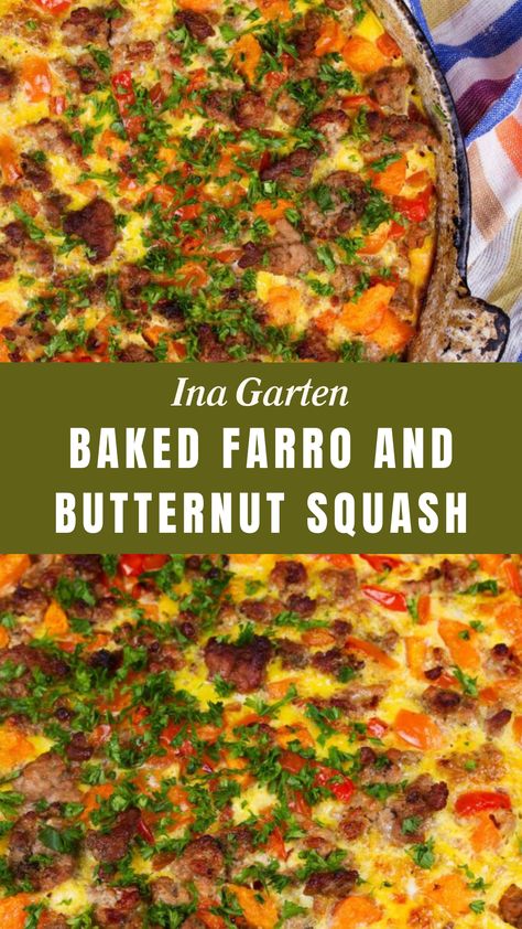 Ina Garten Baked Farro And Butternut Squash Faro And Butternut Squash, Butternut Squash And Farro Recipes, Farro And Butternut Squash, Baked Farro, Butternut Squash Farro, Butternut Squash Bacon, Farro Recipes, Thyme Salt, Baked Butternut Squash