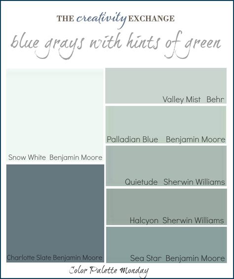 Printable collection of blue grays with hints of green {Color Palette Monday} The Creativity Exchange Sea Star Benjamin Moore, Palladian Blue Benjamin Moore, Palladian Blue, Blue Gray Paint Colors, Interior Paint Colors Schemes, Blue Gray Paint, Favorite Paint Colors, Blue Paint Colors, Green Colour Palette