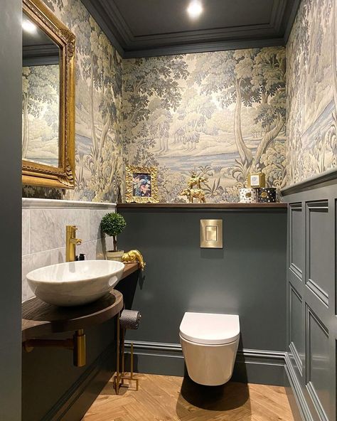 Small Downstairs Toilet, Cloakroom Toilet, Downstairs Cloakroom, Toilet Room Decor, Small Toilet Room, Powder Room Decor, With Wallpaper, Downstairs Toilet, Powder Room Design