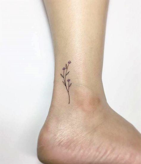 Small Flower Tattoos On Ankle, Ankel Tattoos Tiny, Outside Ankle Tattoo, Simple Lavender Tattoo, Ankle Tattoo Flower, Minimalist Ankle Tattoo, Dainty Ankle Tattoo, Gypsophila Tattoo, Flower Tattoo Ankle