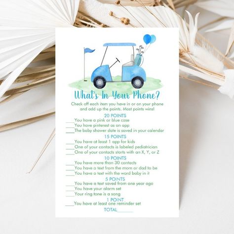 Golf Baby Shower What's In Your Phone Game Golf Baby Showers, Golf Baby, Name That Tune, Golf Birthday Party, Golf Party, Golf Birthday, Bloom Baby, Phone Games, Phone Cards