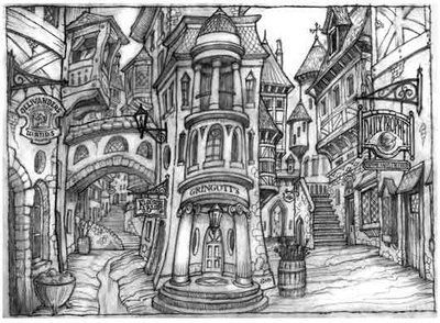 concept art for Diagon Alley. I see this and just want to COLOR it. Diagon Alley Sketch, Hogsmeade Drawing, Diagon Alley Drawing, Harry Potter Concept Art, Homepage Inspiration, Haunted Village, Classe Harry Potter, Harry Potter Diagon Alley, Harry Potter Coloring Pages