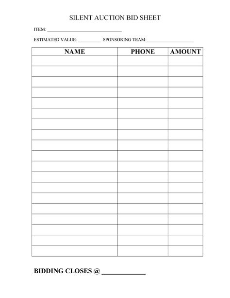 Download Silent Auction Bid Sheet 03 Fall Festival Fundraiser, Silent Auction Bid Sheets, Chinese Auction, Sign In Sheet, Sheet Template, Silent Auction, Envelope Template, Schedule Template, Free Printables