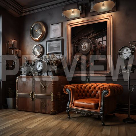 Steampunk Style Interior frame with wall art mockups. https://mbsdigitalprints.etsy.com #interior #interiordesign #roomdesign #livingroom #mockup #frame #framemockup #digitalart #digitalpainting #digitaldrawing #digitalillustration #digitalprinting #digitalprint #art #poster #etsy #digital #wallpaper #walldecor #wallart #steampunk #steampunkart Steampunk Interior, Bar Nook, Whiskey Lounge, Bourbon Room, Whiskey Room, Sleek Bar, Template Frame, Nook Decor, Farmhouse Frames