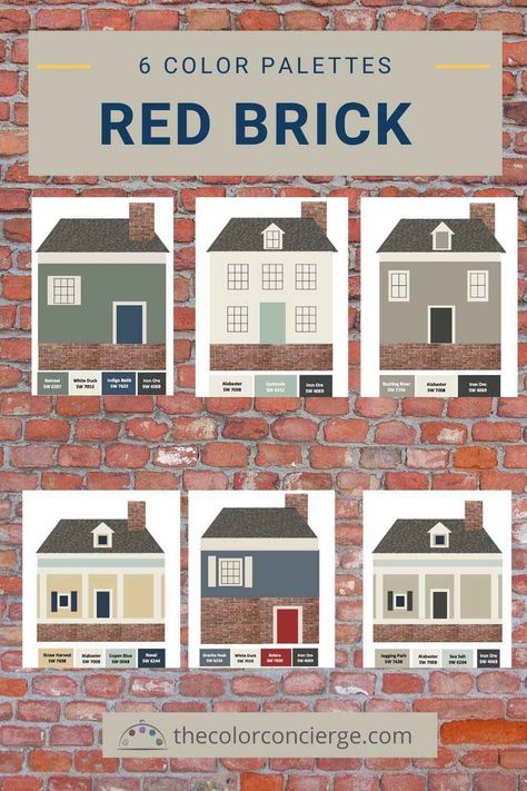 Discover 6 great paint color palettes for red brick with tips on how to choose them. #exteriorpaintcolors #redbrickhouse #swlove #swironore #onlinecolorconsulting #virtualcolorconsulting #thecolorconcierge #colorsmadeeasy Brick Paint Colors, Brick House Colors, Red Brick House Exterior, Red Brick Exteriors, Best Exterior Paint, House Paint Color Combination, Colors 2023, Door Colors, Exterior House Paint Color Combinations