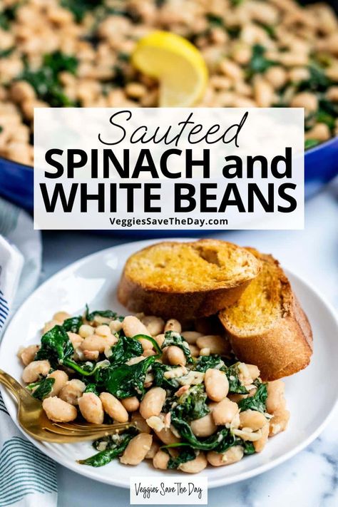 Loaded with lemon and garlic, tender greens and creamy beans are the perfect pair in this Sauteed Spinach and White Beans skillet recipe. This delicious vegan side dish is easy to make in 15 minutes. Spinach And White Beans, White Beans And Greens, White Beans And Spinach, White Beans Recipe, Creamy Beans, Legumes Recipes, Thanksgiving Vegan, White Bean Recipes, Lentils Beans