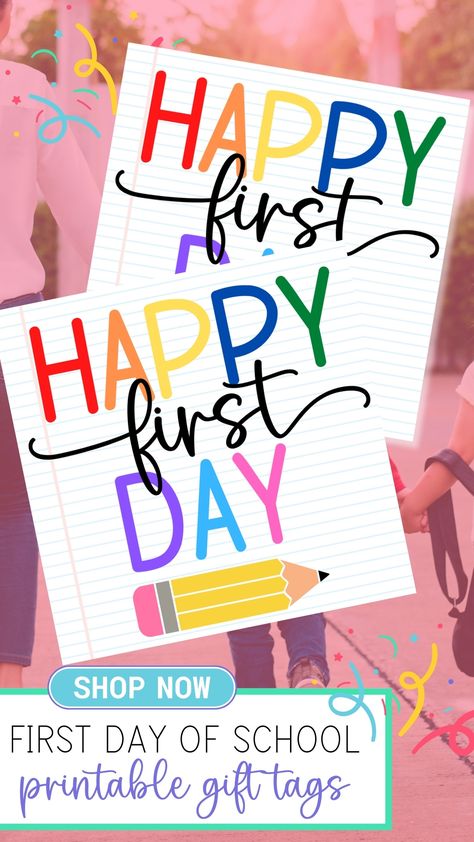 Printable Gift tag that says "Happy First Day" with a cute colorful theme and a pencil graphic. These are great for teachers and students. Tag size 4 inches by 4 inches and is a digital printable. Teacher Gift Tags, Printable Gift Tags, Gift Tags Printable, Printable Tags, Back To School Gifts, Lunch Boxes, Printable Gift, School Gifts, Elementary School