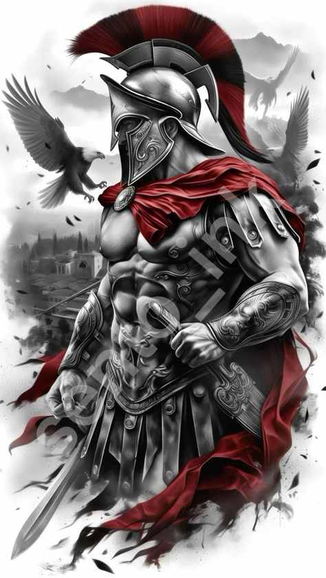 Spartan Eagle Tattoo, Horse Warrior Tattoo, Metalica Tattoo Designs, Spartan Soldier Tattoo, Roman Soldiers Tattoo, Gladiator Back Tattoo, Spartan Tattoo Designs Men, Soldier Of God Tattoo, Spartan Chest Tattoo