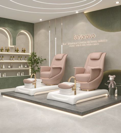 @BeNoravo pink pedicure chairs for beauty store and Spa. #salon #pedicure #manicure #footmassage #spa Luxury Pedicure Station, Modern Nail Salon Interior Design, Pedicure Chair Ideas, Tranquility Room, Pedicure Station Ideas, Pedicure Massage, Luxury Nail Salon, Deco Spa, Pink Pedicure