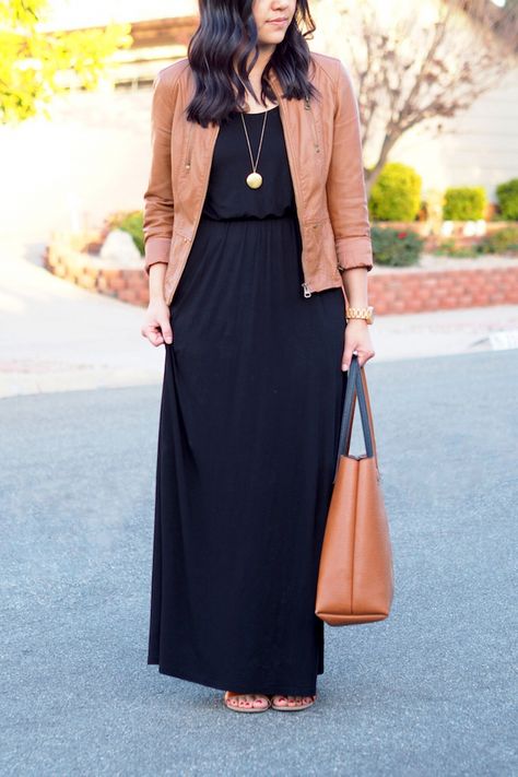 wearing maxi dress in cooler weather: black maxi dress & a brown leather jacket Black Maxi Dress Outfit, Maxi Dress Winter, Maxi Outfits, Grunge Dress, Maxi Dress Outfit, Wear To Work Dress, Light Dress, Cooler Weather, Mode Inspiration