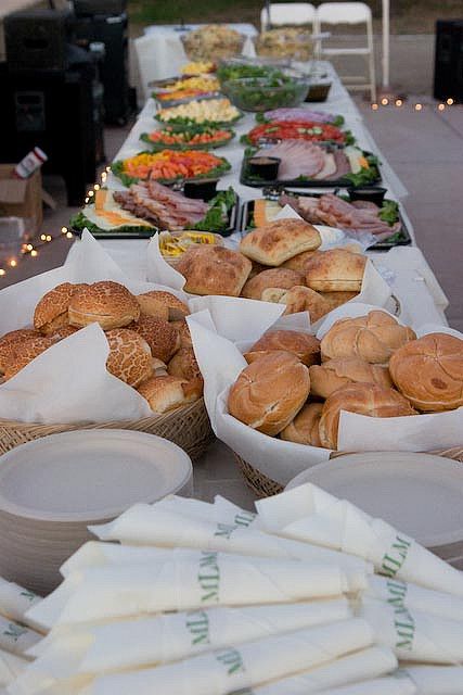 food idea Party Food Table Set Up Sandwiches, Wedding Sandwich Buffet, Make Your Own Sandwich Bar, Wedding Reception Sandwich Buffet, Sandwich Bar Party, Sandwich Catering Display, Bbq Buffet Table Ideas Wedding Foods, Wooden Buffet Table Food Displays, Bridal Shower Sandwiches