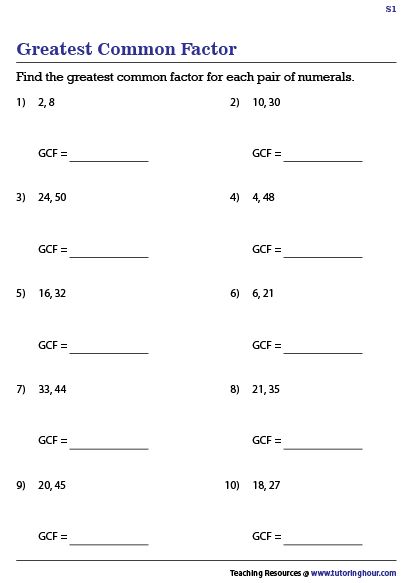 GCF Worksheets Gcf Worksheet For Grade 5, Greatest Common Factor Worksheet, Lcm And Gcf, Greatest Common Factor, Pre Algebra Worksheets, Numbers Tattoo, Maths Worksheet, 6th Grade Worksheets, Mental Maths Worksheets