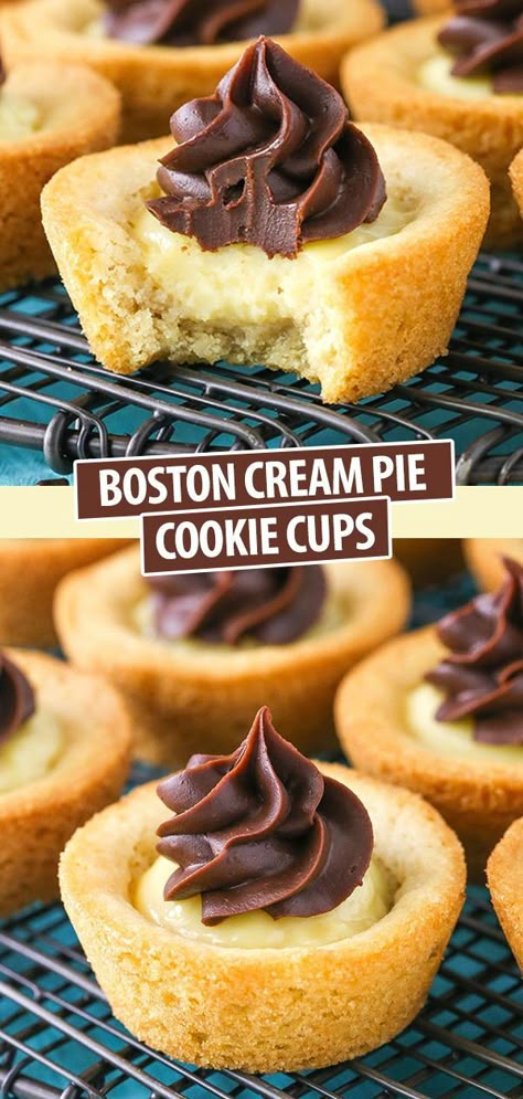 Cookies And Cups Recipes, Boston Cream Bites, Sugar Cookie Cups Recipe, Mini Pie Cookies, Boston Cream Pie Desserts, Boston Cream Desserts, Boston Cream Cookies, Mini Cream Pies, Boston Cream Pie Cookie Bites Recipe