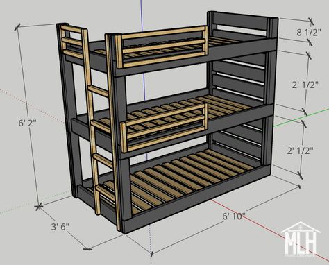 Triple Bunk Bed Boys Room, Bunk Bed Plans Diy How To Build, Triple Deck Bed Ideas, Diy Triple Bunk Beds Plans, Triple Bunk Beds Diy Small Spaces, Diy Triple Bunk Beds, 3 Bed In One Room Ideas, Bunk Bed Dimensions, Triple Bunk Beds Plans