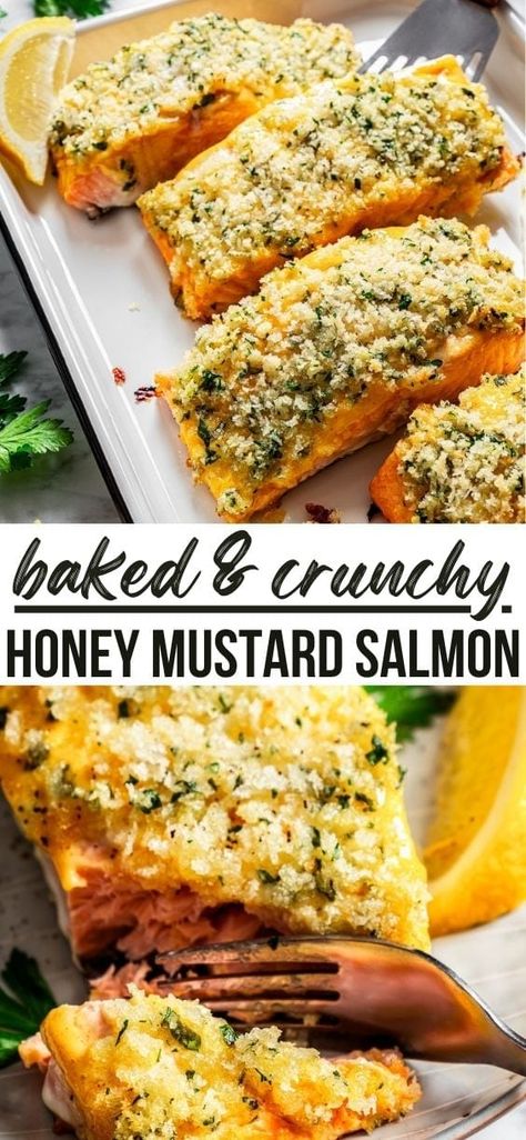 Fresh and delicious salmon fillets baked with a honey mustard glaze and a crispy breadcrumb topping! Our honey mustard salmon is just the dish to spice up your weekday dinners. Roasted Sweet Potato Fries, Weeknight Salmon, Breadcrumb Topping, Salmon Recipes Baked Healthy, Honey Mustard Glaze, Honey Mustard Salmon, Mustard Salmon, Fish Dinner Recipes, Easy Salmon Recipes