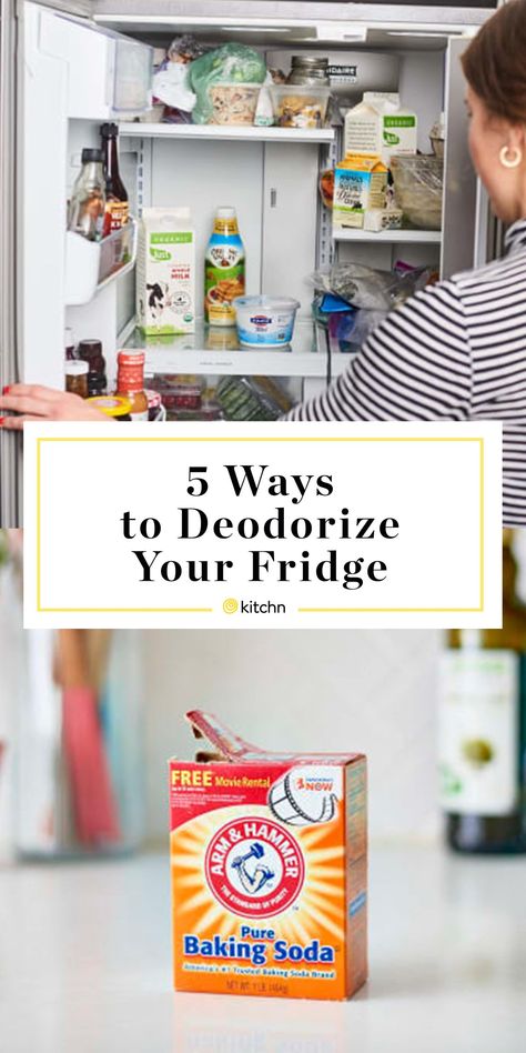 If your refrigerator smells, you don’t have to do a big fridge clean-out, but you do need to deodorize it. Luckily, it’s easy to do with items you already have on hand. Here are five things you can use: baking soda, vanilla, coffee grounds, lemon, or oats. Baking Soda Fridge Deodorizer, Fridge Odor Eliminator, Odor Remedies, Fridge Smells, Big Fridge, Fridge Deodorizer, Rotten Food, Fridge Odor, Odor Absorber