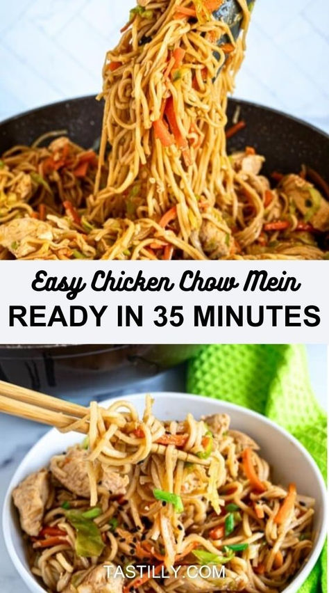 Make chicken chow mein better than takeout in just 35 minutes! Fresh veggies, tender chicken, and a mouthwatering sauce. December Dinners, Chicken Chow Mein Recipe Easy, Easy Chicken Chow Mein, Chow Mein Sauce, Chicken Chow Mein Recipe, Asian Salads, Unique Appetizers, Homemade Chinese Food, Chow Mein Recipe