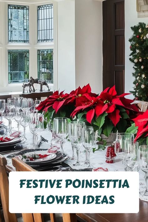 Festive dining table with red poinsettias and elegant glassware, next to a decorated Christmas tree. Christmas Porch Poinsettia, Point Setta Flower Christmas Decor, Poinsettia Table Centerpiece, Pointsetta Christmas Decor, Pointsetta Decorations Decorating Ideas, Poinsettia Tablescape, Poinsettas Around Christmas Tree, Decorating With Poinsettias, Poinsettia Flower Arrangements