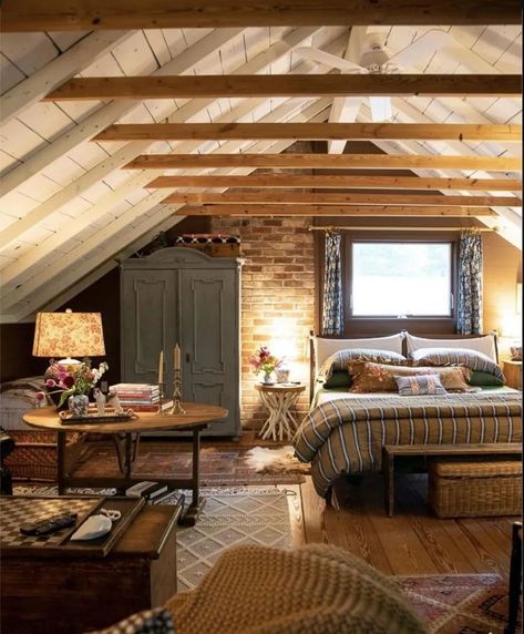 Upstate Ny Cabin, Bed Against Brick Wall, Fishermans Cottage Interiors, T 111 Interior Walls, Cottage Cabin Decor, Western Cottage Decor, Rustic Cozy House, Cottage Interiors Cozy, Hayes Cottage