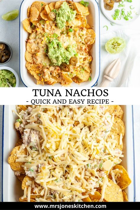 This quick, easy and delicious tuna nachos recipe is ready in 30 minutes and is a dinner the whole family love! Tuna Nachos Recipe, Tuna Nachos, Mexican Nachos, Vegetarian Nachos, Tuna Pasta Bake, Delicious Family Dinners, Tuna Melt, Yummy Seafood, Spicy Tuna