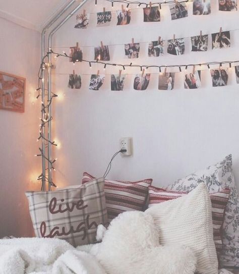 Bedroom decor 2014 Room, Teen Girl Room, Girl Room, String Lights, We Heart It, Lost, Pillows, Bed, Wall