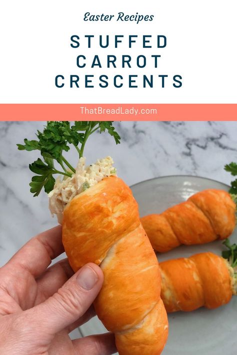 These adorable Crescent Roll Carrots will surely impress everyone at the table! They can be filled with your favorite chicken salad for the perfect Easter Party Food! Use my Crescent Dinner Roll dough for a cute and delicious sandwich recipe! Crescent Roll Carrots, Easter Luncheon, Easter Rolls, Easter Side Dishes Recipes, Beginners Bread Recipe, Chicken Crescent Rolls, Easter Party Food, Easter Side Dishes, Easter Recipe