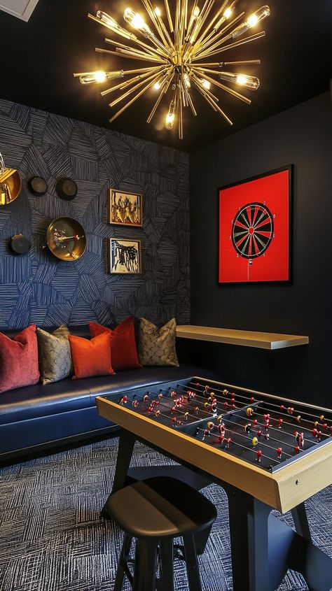 Unleash your inner Aries in this energetic game room! 🎯🎱 Dive into exciting foosball matches, aim high with the dart board, and get inspired by bold wall art. 🖼️ Enjoy cozy seating and dynamic lighting that fuels your daring spirit. Perfect for every fiery adventure seeker! 🔥✨ #GameRoomVibes Sophisticated Gaming Room, In Home Game Room, Grown Up Game Room, Classy Game Room Ideas, Mountain House Game Room, Old Money Game Room, Basement Poker Room, Boardgame Room Idea, Basement Game Room Ideas Teen Hangout