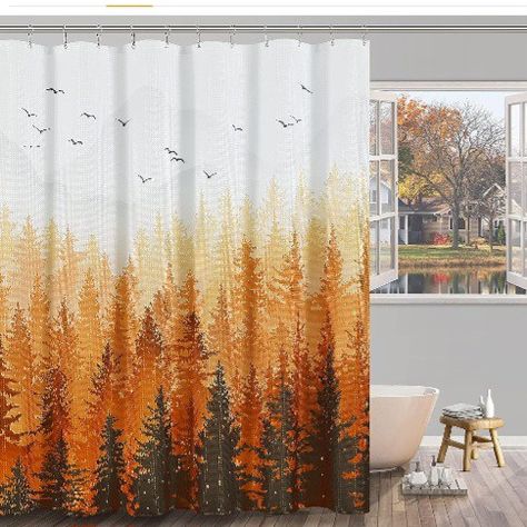 Fall Shower Curtain Rustic Forest Shower Curtain Warm Yellow Boho Farmhouse Cabin Shower Curtain Waffle Texured Fabric Shower Curtain Nature Mountain Tree Woodland Autumn Landspace Bath Curtain, 72x72 Cabin Shower Curtain, Fall Shower Curtain, Forest Shower Curtain, Curtains For Bathroom, Extra Long Shower Curtain, Long Shower Curtains, Blue Shower Curtains, Bath Curtain, Rustic Curtains